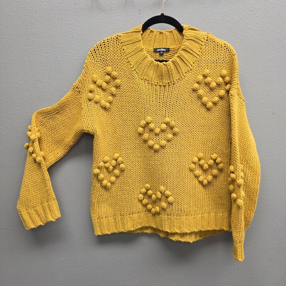 Cocobleu Sweater Womens Large Yellow Chunky Knit Bobble Heart Pullover Crewneck - Picture 1 of 9